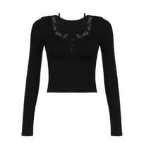 Women's Spice Girl Tight Slim Solid Colour Lace Lace Splicing Square Neck Long Sleeve Top Buckle Hanging Neck Camisole T-Shirt S