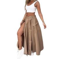 2 Pcs/Set Women Top Skirt Set Low-cut Sleeveless Short Top High Waist Split A-line Maxi Skirt with Belt Solid Color Streetwear Party Club Crop XL