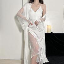 Spring Summer Long Kimono Bath Robe Gown Female Sleepwear Nightgown Two-Piece Set Sexy Lace Nightdress Casual Rayon Homewear S