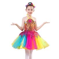 Sequins Girls Stage Dance Costumes with Headwear Wristband Romantic Princess Dress Modern Dance Dance Suit Children Dance Dress 130CM