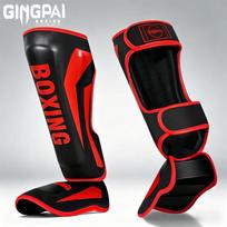 Jingpai Muay Thai & Sanda Shin Guards with Foot Protector L juoda/raudona spalva