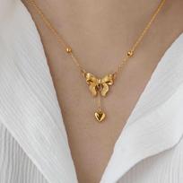 Gold Plated Stainless Steel Bow and Heart Drop Necklace