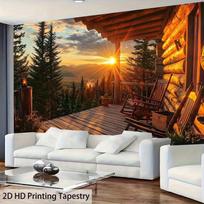 2D Cozy Cabin Deck Tapestry Mountain Sunset Themed Event & Party Background 47.2x31.5inch/120*80cm