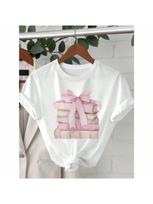 Wounisex Pink Bow & Books Graphic T-Shirt - Casual Short Sleeve Crew Neck Tee, Suitable For Summer And Spring S