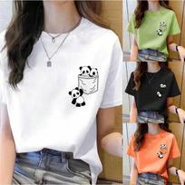 Wounisex Short Sleeve Top Summer New Pocket Panda Cartoon Printed T-Shirt Korean Fashion Wounisex Tops Loose Round Neck T Shirt Wounisex S
