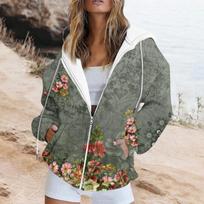Women's Long Sleeve Hooded Zip Up Jacket Floral Printed Casual Lightweight Outerwear with Pockets and Adjustable Drawstring Hood for Everyday Wear S