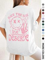Unisex cartoon letter print drop-shoulder T-shirt, unisex fashionable casual crew neck T-shirt. L