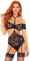 Leg Avenue Sets Leg Avenue Two-Piece Juodas Lace Top & Harness Teddy Set S/M