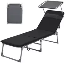 SONGMICS gultas, gultas su 3 cm storio pagalve, galvos atrama, stogeliu nuo saulės, reguliuojamu atlošu, sulankstomas, 53 x 193 x 29,5 cm, išlaiko iki 150 kg, sodas, balkonas, juodas