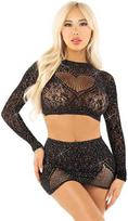 Leg Avenue Dresses Leg Avenue Shiny Mesh Crop Top & Mini Skirt Set Juodas, Two-Piece Outfit