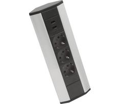 Kampinis lizdų stulpelis 3x230V + 2xUSB-A juodas/sidabrinis
