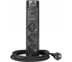 Stalviršiui skirtas lizdų stulpelis 3x230V + USB-A + USB-C, juodas