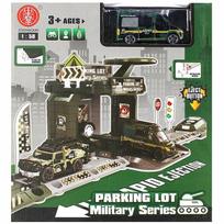 Karinis parkingas su metaliniu automobiliu ir aksesuarais