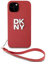 DKNY PU Leather Stack Logo Wrist Strap dėklas telefonui Apple iPhone 15 raudonos spalvos