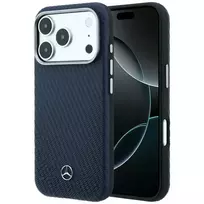 Mercedes Navy Blue Leather Semi-Wrap Wood Effect MagSafe Case for iPhone 17 Pro Max