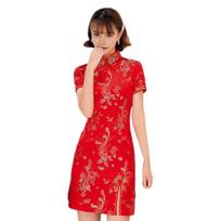 Moteriškas vasarinis čiongsamas su stovinčia apykakle, drakono ir fenikso raštu, skeltu kraštu, qipao, lieknas S raudona