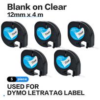 5 vnt. suderinamų „Dymo LetraTag“ papildymų, juodos spalvos ant skaidraus plastiko, 12267, 12 mm x 4 m, skirtas „Letratag LT-100H“ etikečių spausdintuvui.