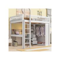 Lit mezzanine, 140*200cm , Bureau, Armoire, 3 tiroirs, Rangement ouvert, Rampe, Escalier, Sans matelas, Blanc