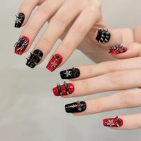 Medium Square Dark Gothic Press on Nails Punk Glossy Reusable Gel Press on Acrylic Glue on Fake Nail Reusable Full Cover Stick on Nails for Women XS