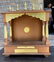 Embossed Painted Wood Mandir: Antique Gold Wall Shrine 24” X 12” X 30” (l x w x h)
