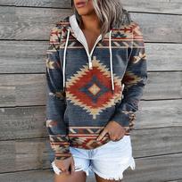Women Half Zip Hoodie Pullover Sweatshirt Tribal Pattern Long Sleeve Casual Lightweight Top with Drawstring Hood and Front Pocket L