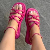 2023 New Plus Size Womens Thick Sole Woven Sandals Solid Color Round Head Buckle Strap Open Toe Outdoor Beach Casual Shoes 35