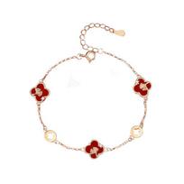 Tichia Red Agate Four-Leaf Clover Bracelet for Women, 990 Sterling Silver, Trendy Korean Summer Mori Style Jewelry.