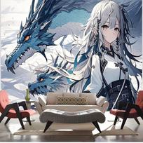 2D Cool White Hair Anime Girl with Blue Dragons Backdrop Banner 47.2x31.5inch/120*80cm