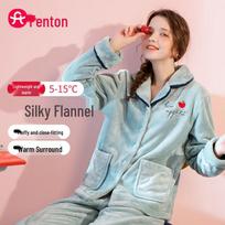 Fenteng Women's Plush Coral Fleece Button-Front Pajama Set S