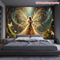 2D Enchanted Forest Fairy Tapestry Golden Sparkle Wall Art for Bedroom Decor 47.2x31.5inch/120*80cm