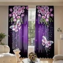 2 Pieces of Purple Butterfly and Floral Print Sheer Curtains, Polyester Rod Pocket Digitally Printed Semi-Transparent Curtains 60×150cm(23.6×59in) blue
