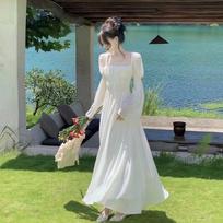 Spring Summer French Square Neck Fairy Dress Princess Dress Slimming Long Sleeve Dress Super Fairy Long White Skirt S