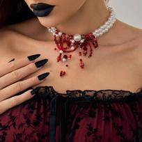 IngeSight.Z Goth Red Crystal Blood Drop Pendant Choker Necklace Women Vintage Imitation Pearl Short Chain Halloween Jewelry Gift