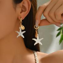 Statement White Starfish Hoop Earrings for Women Golden-Tone Shell Dangle Drop Lightweight Summer Beach Resort Vacation Jewelry