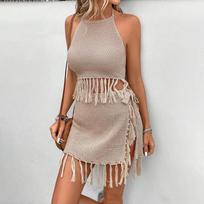 New Stylish Sexy Tassel Slings Round Neck Sleeveless Hip Cover Dress Suit S