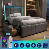 Vaikiška lova - MUVOE - 90x200 cm - Paminkštinta - USB Type C - LED apšvietimas su stalčiais pilka