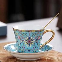 European Enamel Ceramic Coffee Cup & Saucer Set, Elegant Afternoon Tea Cup Set Blue