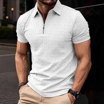 Mens Casual Zip Up Polo Shirt Short Sleeve Textured Top S