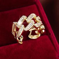 Elegant Open Adjustable Zircon Pinky Ring: Luxurious Full Diamond Chain Design in High-End Copper Open Adjustable