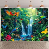 2D Žalios Džiunglės Fonas su Papūgomis Ara, Drugeliais ir Kriokliu 47.2x31.5inch/120*80cm
