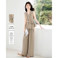 Elegant Sleeveless Top & Wide-Leg Pants Set L chaki