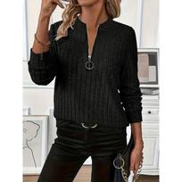 Women's Half Zip Ring Pull Long Sleeve Ribbed Knit Top Solid Color Casual Fall Pullover Blouse S