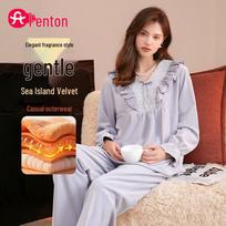 FenTeng Women's Thin Fleece Lace Long Sleeve Pajama Set XL