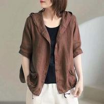 Cotton Linen Thin Summer Windbreaker Women Clothing Short Sleeve Loose Cotton Linen Jacket Casual Hooded Button Up Coat Tops S