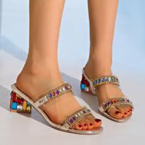 Fashion Brand Design Colorful Crystal Decoration Slides Women Summer Sexy Transparent Pvc High Heel Sandals Luxury Party Dress Shoes 35