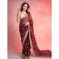 Grand Launch Party Wear Beads Work Saree - Space Silk Velvet Shine Edition