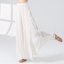Viscose Linen Pant Women Stage Clothing Flowy Wide Leg Culottes High Waist Belt Loose Chinese Folk Dancewear Hanfu Trouser White S