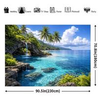 2D Paradise Island Backdrop with Waterfall, Rock Formations and Tropical Ocean 47.2x31.5inch/120*80cm