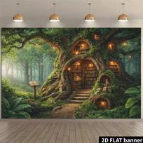 2D Fairy Tale Tree Library Tapestry Magical Forest Book Home with Rabbit Wall Art 47.2x31.5inch/120*80cm