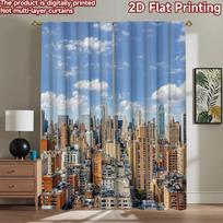 2D flat printing 2pcs Curtain Drapes Sunny Urban Skyline Digital Printed Polyester Drapes Party Decorations Perfect for Holiday 60×150cm(23.6×59in)